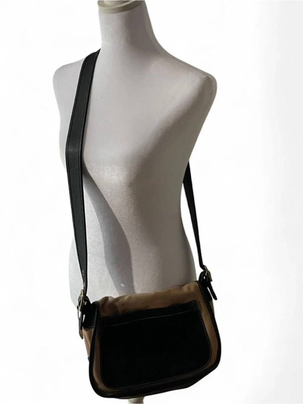 Coach Tan and Black Canvas Crossbody with Front Buckle